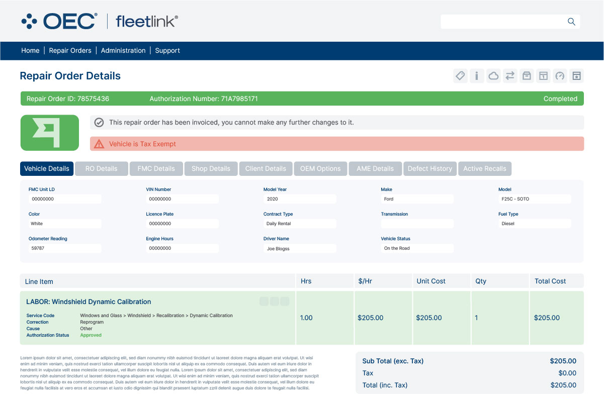 FleetLink Repair Order Screen