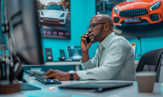 Middle aged professional male in office at computer