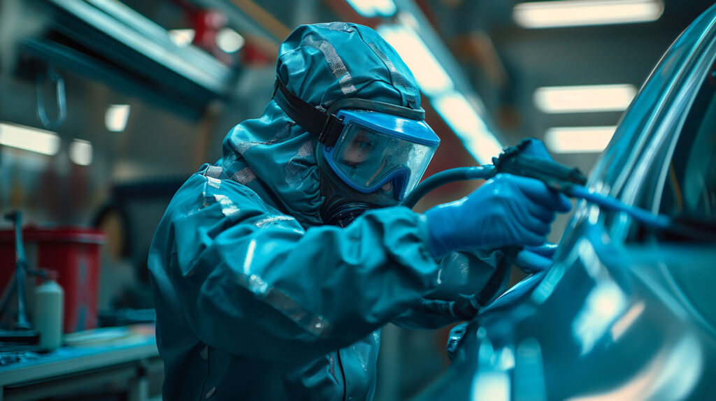 Featured-Blog Young man technician in protective gear spraying car panel